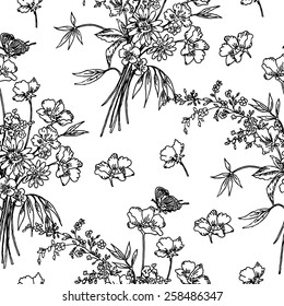 Black and white floral pattern.  Hand drawing pattern. Seamless pattern for fabric, paper and other printing and web projects.