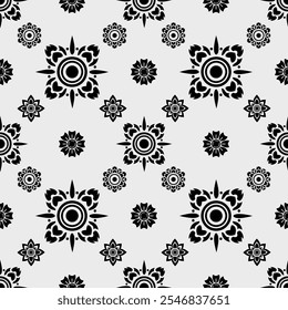 Black and white floral pattern with intricate designs and shapes, perfect for textiles or wallpapers.