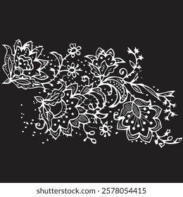 Black and white floral pattern with intricate details and stylized shapes. The design features flowers, leaves, and stems arranged in a flowing composition.