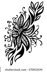Black and white  floral pattern with the location on the diagonal.Leaf Elements modern style,flame petals.Isolate pattern on a white background.Suitable for printing on fabric,printing,postcards.