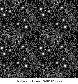 A black and white floral pattern with many small white flowers. The flowers are arranged in a way that creates a sense of depth and movement. Scene is serene and calming