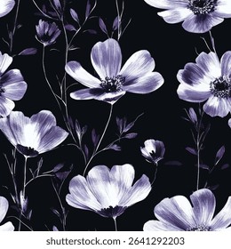 Black and white floral pattern on a black background. floral seamless pattern, Vector illustration background for print the paper.