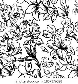 Black and white floral pattern. perfect for textile. Handrawing line art pattern