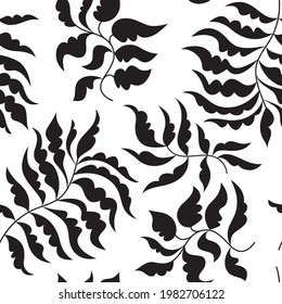 Black and white floral pattern, seamless vector. Leaves, branches