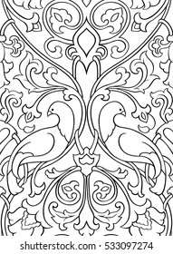 Black and white floral pattern. Seamless filigree ornament. Stylized template for wallpaper, textile, bedspread, curtain, shawl, tile, carpet and any surface. Pattern with birds.