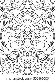 Black and white floral pattern. Seamless filigree ornament. Stylized template for wallpaper, textile, bedspread, curtain, shawl, tile, carpet and any surface. Pattern with birds.