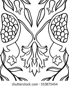 Black and white floral pattern. Seamless vector ornament with pomegranate. Stylized template for wallpaper, textile, linen, curtain, shawl, tile, carpet and any surface.