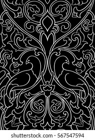 Black and white floral pattern. Seamless filigree ornament. Stylized template for wallpaper, textile, shawl, carpet and any surface. Pattern with birds.