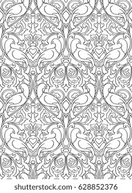 Black and white floral pattern. Seamless filigree ornament. Stylized template for wallpaper, textile, shawl, carpet and any surface. Pattern with birds.