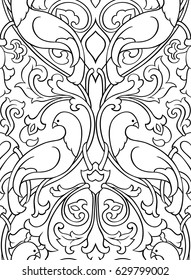 Black and white floral pattern. Seamless filigree ornament. Stylized template for wallpaper, textile, shawl, carpet and any surface. Pattern with birds.