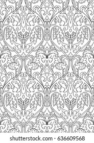 Black and white floral pattern. Seamless filigree ornament. Stylized template for wallpaper, textile, shawl, carpet and any surface. Pattern with flowers and hummingbird.