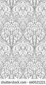 Black and white floral pattern. Seamless filigree ornament. Stylized template for wallpaper, textile, carpet.