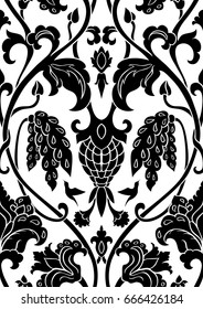 Black and white floral pattern. Seamless filigree ornament. Stylized template for wallpaper, textile, shawl, carpet. Pattern with flowers and hummingbirds.