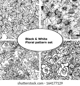 Black and white floral pattern set. Vector illustration.
