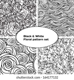 Black and white floral pattern set. Vector illustration.