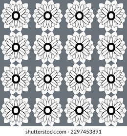 Black and white floral pattern with stylized flowers on gray background, featuring symmetrical and geometric motifs suitable for premium stationery and designer textiles.