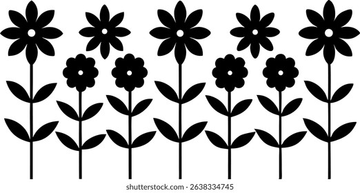 Black and white floral pattern with stylized flowers and leaves on stems