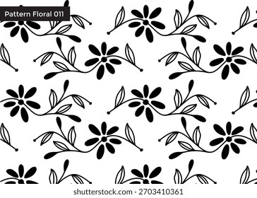Black and white floral pattern with stylized flowers and leaves, repeating across the surface.