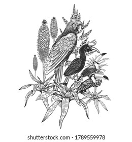 Black and white floral pattern. Tropical bird parrot and toucans, leaves and flowers isolated on white background. Vector illustration. Vintage engraving. For printing on T-shirts, pillows, scarves.