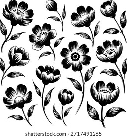 Black and white floral pattern with various flowers and leaves