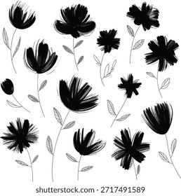 Schwarz-weißes Blumenmuster mit verschiedenen Blumen und Blättern 1