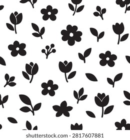 Black and White Floral Pattern with Various Flower Designs Isolated Background