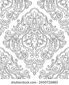 Black and white floral pattern. Vector damask seamless background.  Victorian ornament with stylized flowers. Contour template for wallpaper, textile, carpet.