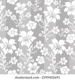 Black and white floral pattern. Vector blossom tropical wildflowers stripes seamless pattern. Modern vintage floral pattern use for fabric, textile, home decoration elements, upholstery, etc.