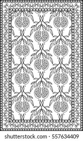 Black and white floral pattern. Vector ornament with pomegranate. Stylized template for carpet, textile, linen, bedspread, shawl and any surface.