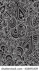 Black and white floral pattern. Vertical floral pattern. Saturated seamless pattern vetikalnogo format. Lace exquisite pattern with leaves. Thin lines natural background pattern.