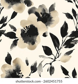 Black and white floral pattern wallpaper, light beige background watercolor flower seamless pattern. Watercolor print in rustic vintage style, textile or wallpaper.  