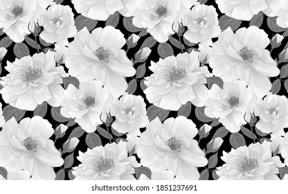 black and white floral pattern for women with roses for surface design, beautiful fabric and textile manufacturing, stationery and packaging