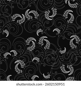A black and white floral patterned background with white flowers. The flowers are arranged in a spiral pattern and are scattered throughout the background. Scene is elegant and sophisticated