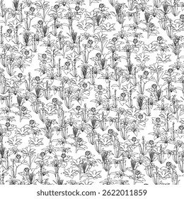 A black and white floral patterned background with a white foreground. The flowers are drawn in black and white and appear to be very small