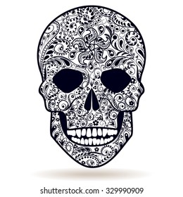 Black and white floral patterned human skull isolated on white. 