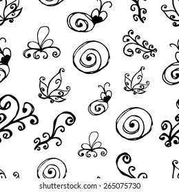 Black and white floral pattern.Seamless pattern can be used for wallpaper, pattern fills, web page background,surface textures. Background with abstract handdrawn snails, leaves ans swirl shapes.