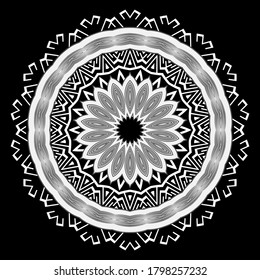 Black and white floral round mandala. Greek circle ornaments. Decorative beautiful pattern. Vector ornamental monochrome background. Geometric ethnic backdrop. Greek key, meanders, flowers, zig zag.