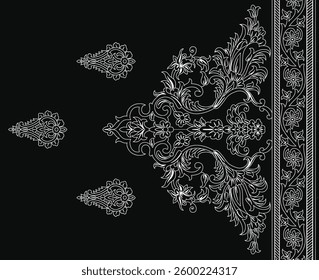 black and white floral and scrollwork textile pattern, for textile, wallpaper, gift wrapping.