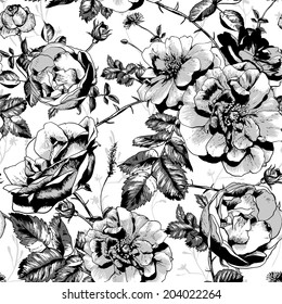 Black and White Floral Seamless Background with roses in vintage style. Vector illustration 