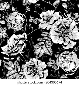 Black and White Floral Seamless Background with roses in vintage style. Vector illustration 