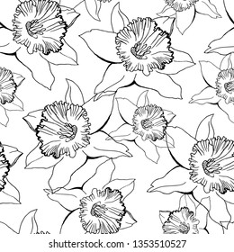 Black and white floral seamless pattern with contour hand drawn flowers Daffodils, Narcissus on white background. Manual art line design. For create wallpaper,  fabrics, home textile, clothes.