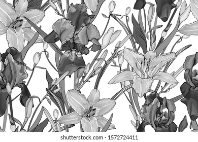 Black and white floral seamless pattern with irises, lilies, leaves on white. Hand drawn. For your design, prints, textile, web pages. Realistic style. Vintage. Vector stock illustration.