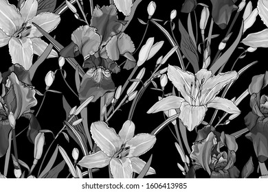 Black and white floral seamless pattern with flowers irises, lilies, branch, leaves on black. Hand drawn. Monochrome. For your design, prints, textile. Realistic style. Vector stock illustration.