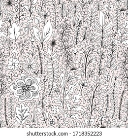 Black and white floral seamless pattern, doodle cartoon drawn flowers, exotic natural background, hand drawing. Outline plant branches, buds, petals and leaves on pink backdrop. Vector illustration