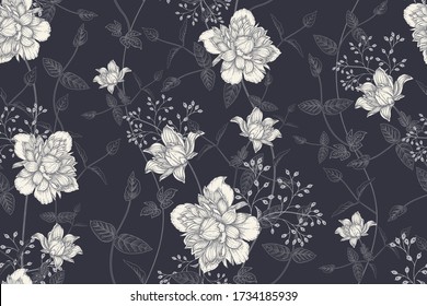 Black and white floral seamless pattern. Beautiful blooming garden flowers clematis and decorative branches. Vector illustration. Hand drawing. Vintage. Background for paper, wallpaper, summer textile