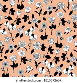 Black and white floral seamless pattern with hand drawn flowers on pink background. Stock vector illustration.