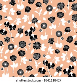 Black and white floral seamless pattern with hand drawn flowers on pink background. Stock vector illustration.