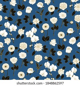 Black and white floral seamless pattern with hand drawn flowers on blue background. Stock vector illustration.