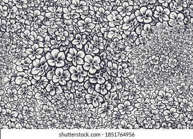 Black and white floral seamless pattern. Garden flowers hydrangea. Vector illustration. Vintage cover. Flower background for fabrics, paper, wallpaper, textile and other.