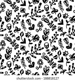 Black and white floral seamless pattern in vector. Spring endless background with flower, ladybug, branch, heart, leaf.